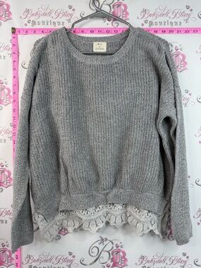 Pins & Needles sweater lace floral hem Gray Crewneck Sweater with Lace Hem